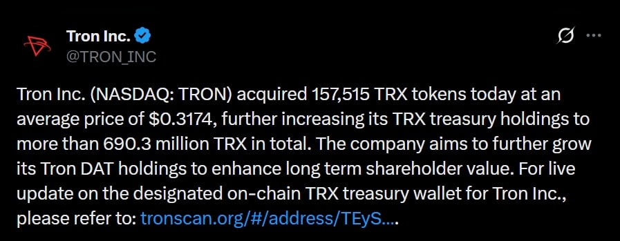 Tron Inc. 購入 157K TRX，但價格可能跌破 0.30 美元