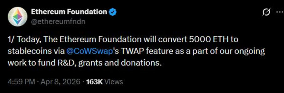 以太坊新聞：以太坊基金會將拋售 5,000 ETH