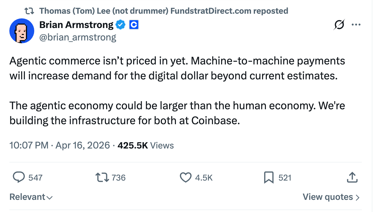 Coinbase 股票預測：Brian Armstrong 預測代理商業將增長