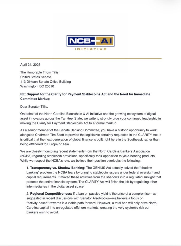 NC 區塊鏈致參議員湯姆·蒂利斯的信 | 資料來源：NC 區塊鏈集團