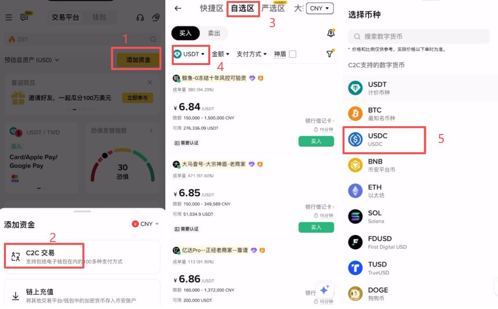 第一步:进入C2C交易区并筛选